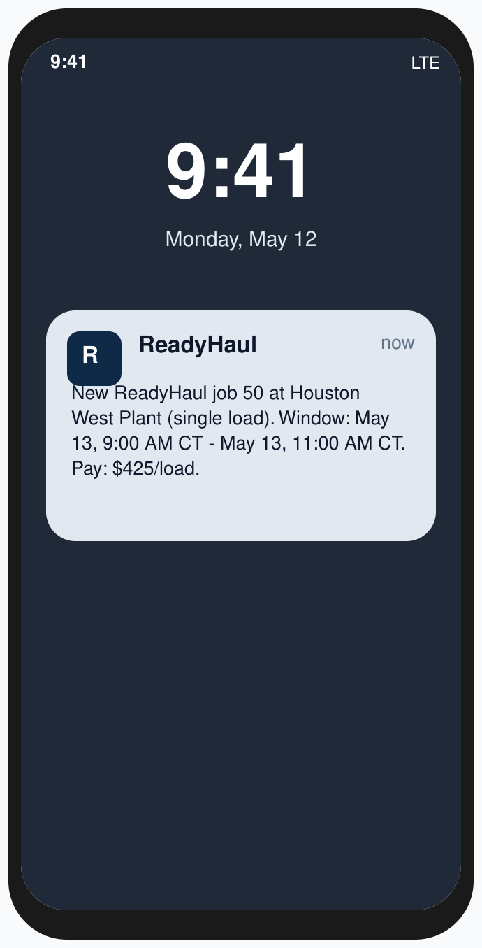 ReadyHaul text message alert for an available concrete hauling job